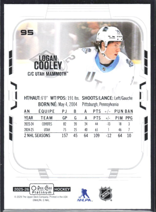 Logan Cooley 2025-26 O-Pee-Chee Platinum #95 – baksida