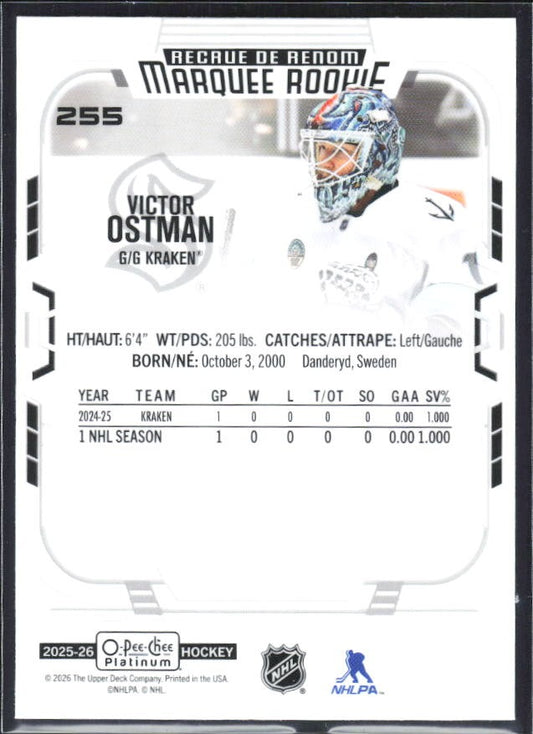 Victor Östman 2025-26 O-Pee-Chee Platinum Marquee Rookie #255 – baksida