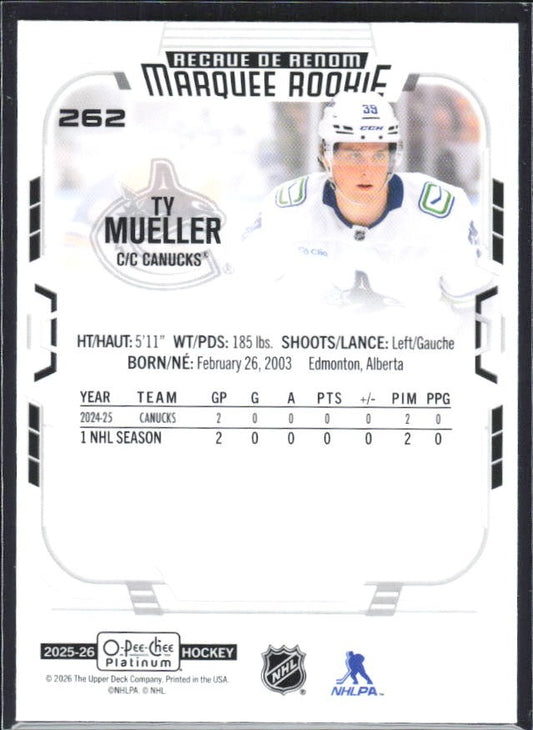 Ty Mueller 2025-26 O-Pee-Chee Platinum Marquee Rookie #262 – baksida