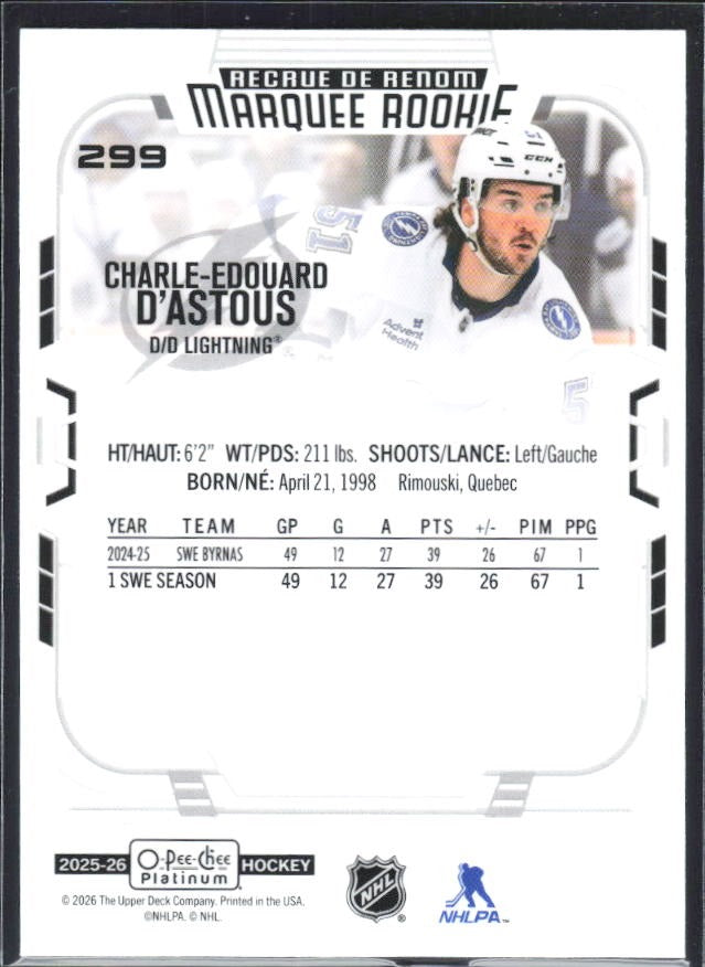 Charle-Edouard D'Astous 2025-26 O-Pee-Chee Platinum Marquee Rookie #299 – baksida