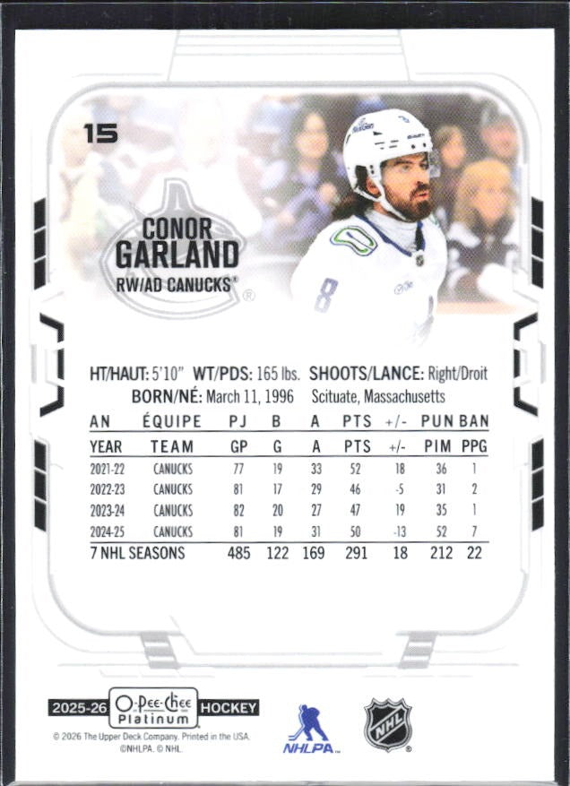 Conor Garland 2025-26 O-Pee-Chee Platinum #15 – baksida