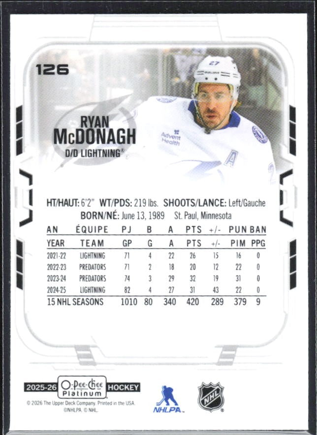 Ryan McDonagh 2025-26 O-Pee-Chee Platinum #126 – baksida