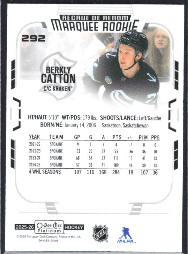 Berkly Catton 2025-26 O-Pee-Chee Platinum Marquee Rookie #292 – baksida