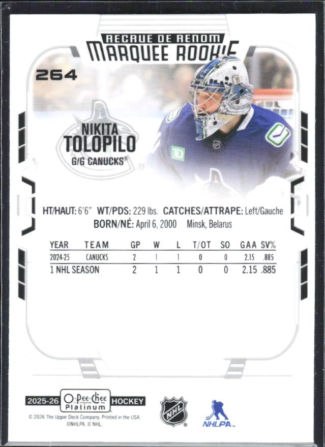 Nikita Tolopilo 2025-26 O-Pee-Chee Platinum Marquee Rookie #264 – baksida