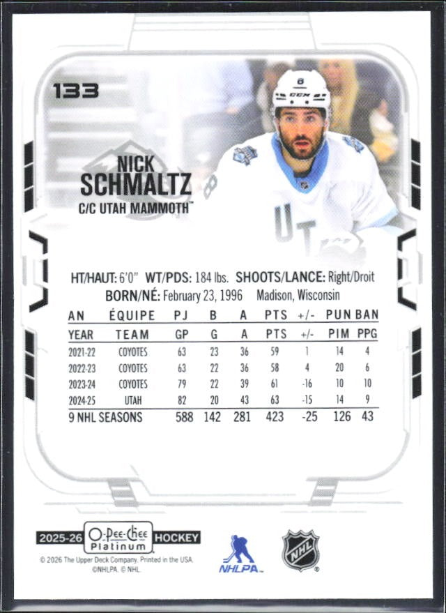 Nick Schmaltz 2025-26 O-Pee-Chee Platinum #133 – baksida