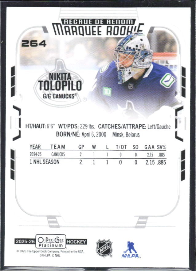 Nikita Tolopilo 2025-26 O-Pee-Chee Platinum Marquee Rookie #264 – baksida