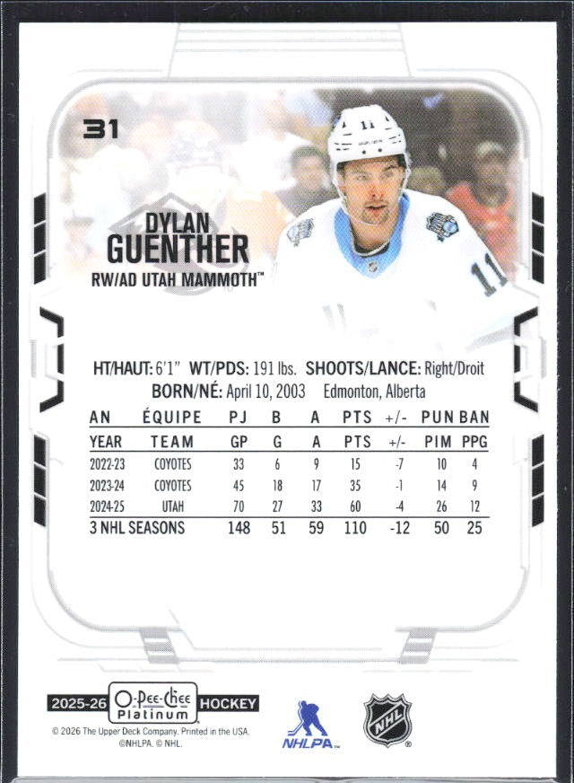 Dylan Guenther 2025-26 O-Pee-Chee Platinum #31 – baksida