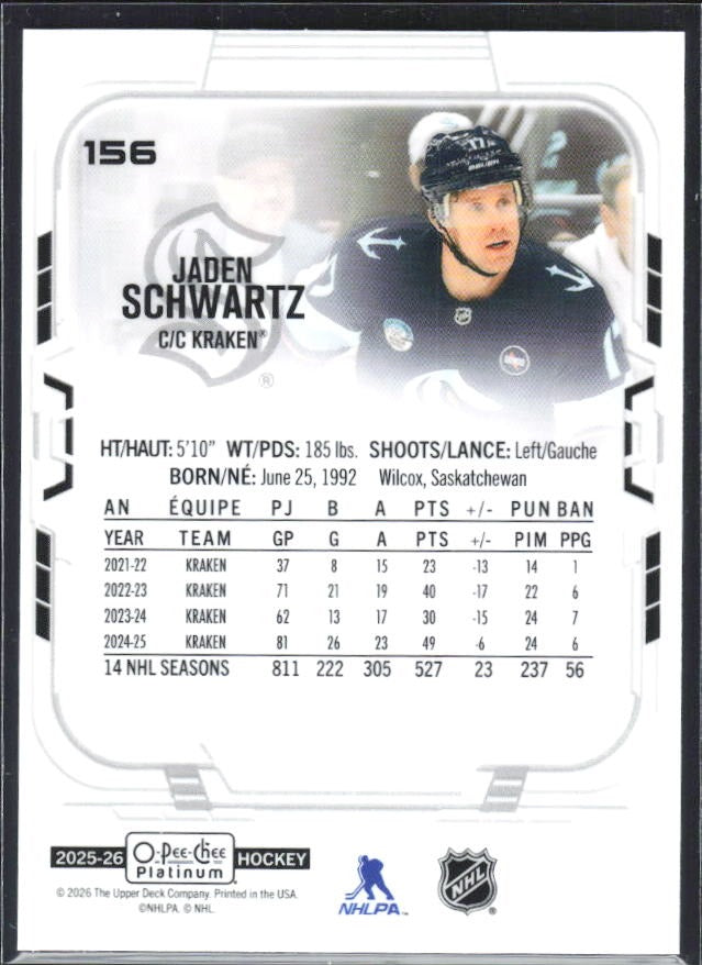 Jaden Schwartz 2025-26 O-Pee-Chee Platinum #156 – baksida