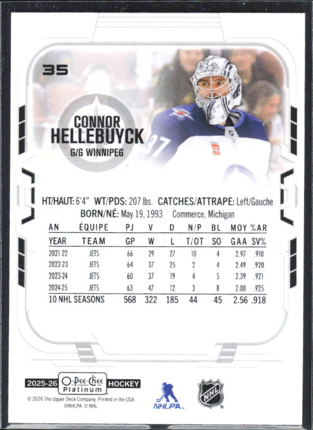 Connor Hellebuyck 2025-26 O-Pee-Chee Platinum #35 – baksida