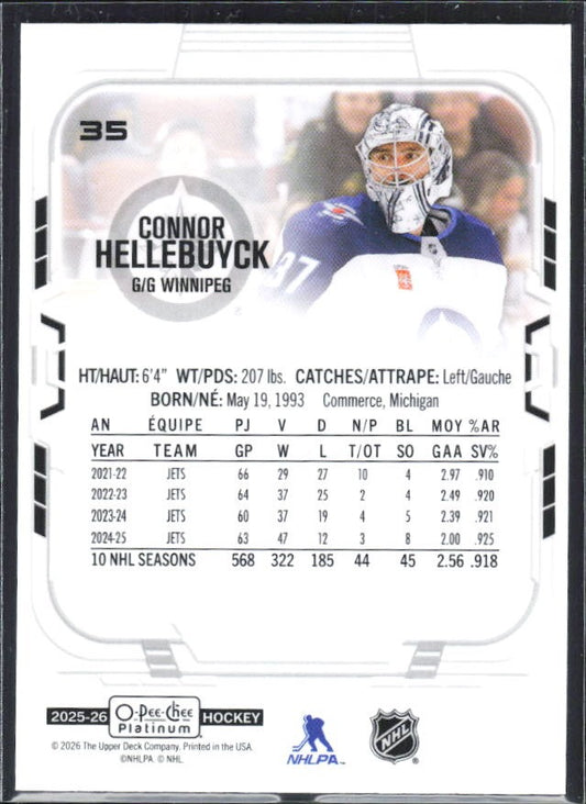 Connor Hellebuyck 2025-26 O-Pee-Chee Platinum #35 – baksida