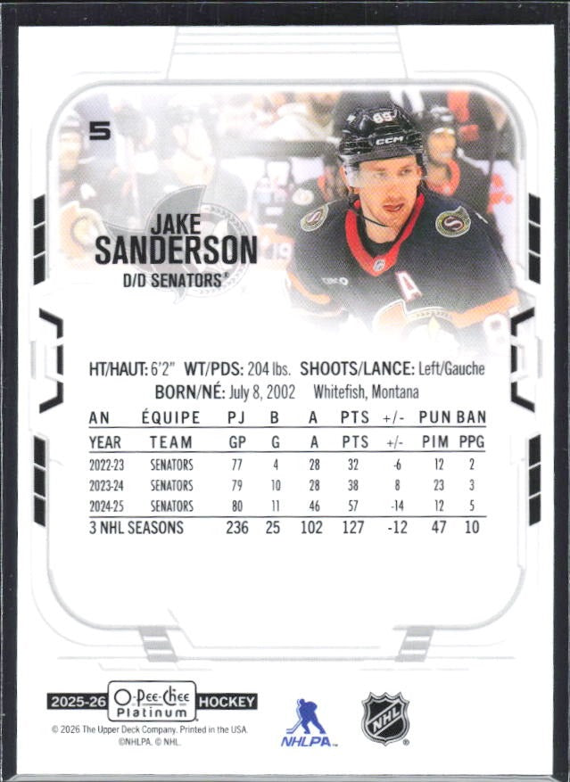 Jake Sanderson 2025-26 O-Pee-Chee Platinum #5 – baksida
