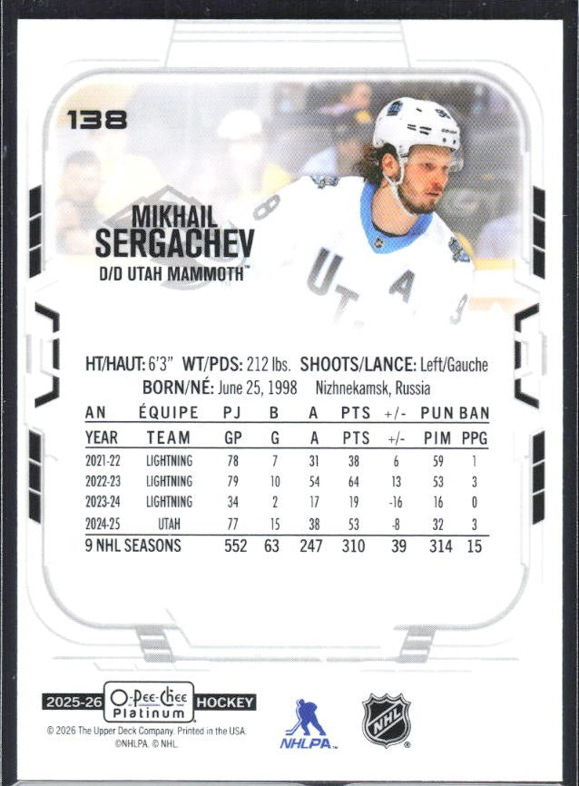 Mikhail Sergachev 2025-26 O-Pee-Chee Platinum #138 – baksida