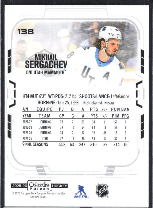 Mikhail Sergachev 2025-26 O-Pee-Chee Platinum #138 – baksida