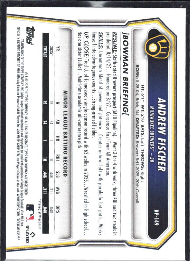 Andrew Fischer 2026 Bowman Prospects #BP-149 – baksida