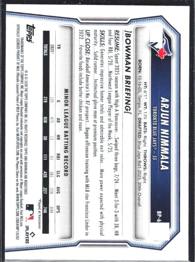 Arjun Nimmala 2026 Bowman Prospects #BP-67 – baksida