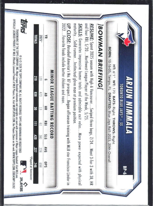 Arjun Nimmala 2026 Bowman Prospects #BP-67 – baksida