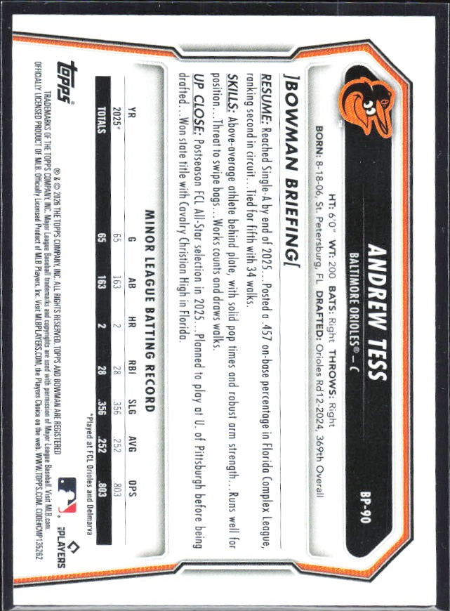 Andrew Tess 2026 Bowman Prospects #BP-90 – baksida