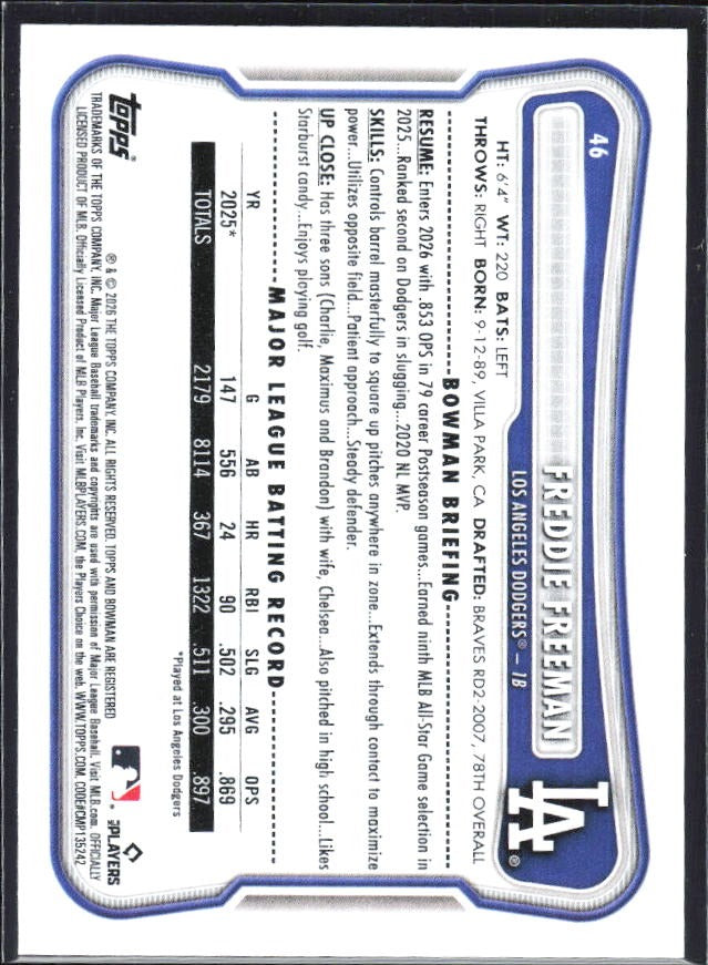 Freddie Freeman 2026 Bowman #46 – baksida