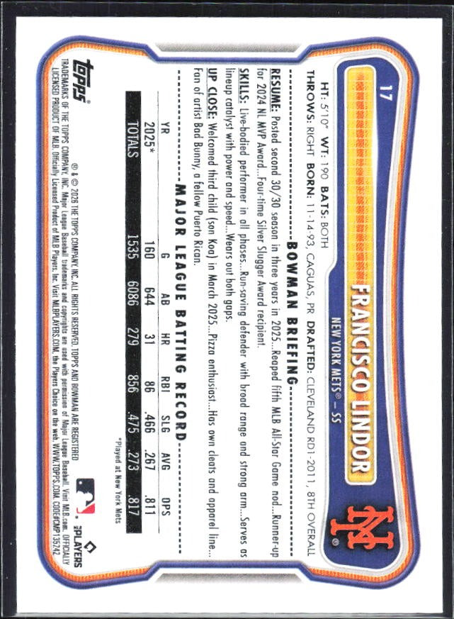 Francisco Lindor 2026 Bowman #17 – baksida