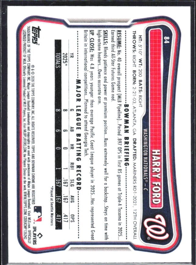 Harry Ford 2026 Bowman #84 – baksida