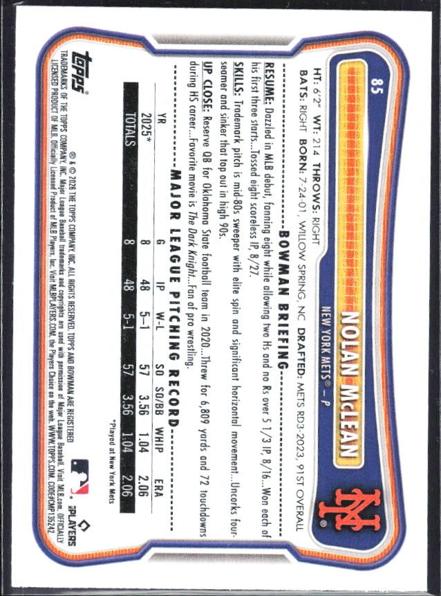 Nolan McLean 2026 Bowman #85 – baksida