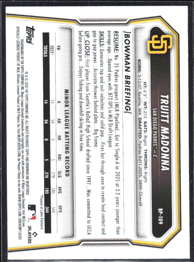 Truitt Madonna 2026 Bowman Prospects #BP-109 – baksida