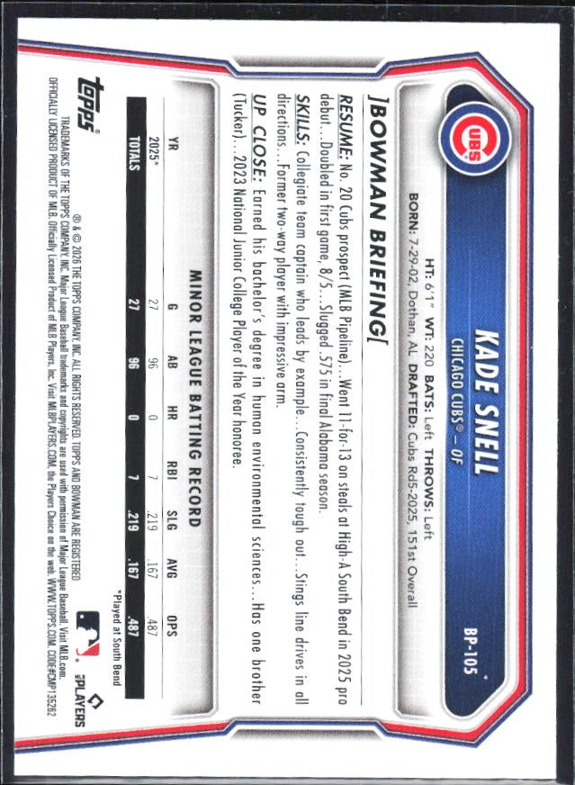 Kade Snell 2026 Bowman Prospects #BP-105 – baksida