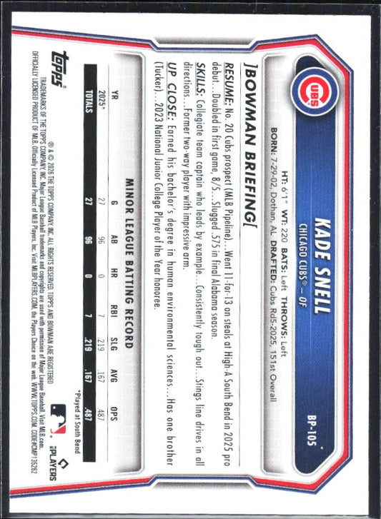 Kade Snell 2026 Bowman Prospects #BP-105 – baksida