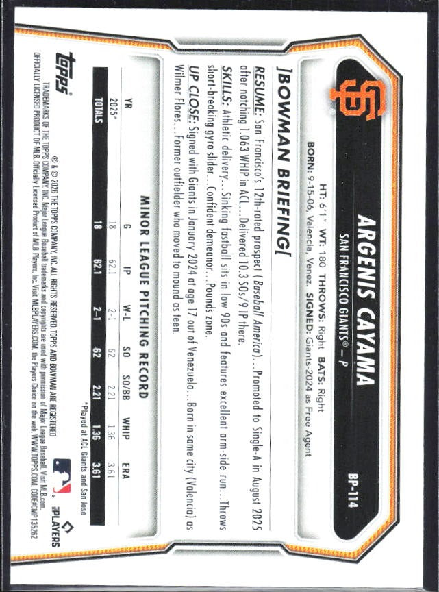 Argenis Cayama 2026 Bowman Prospects #BP-114 – baksida