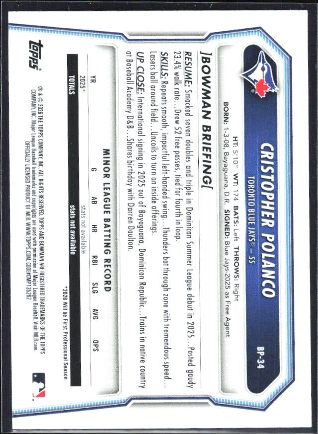 Cristopher Polanco 2026 Bowman Prospects #BP-34 – baksida