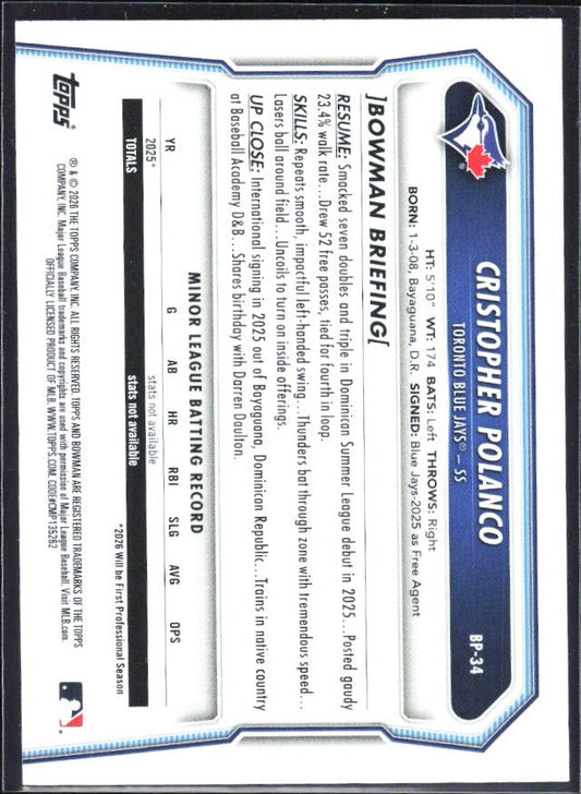 Cristopher Polanco 2026 Bowman Prospects #BP-34 – baksida