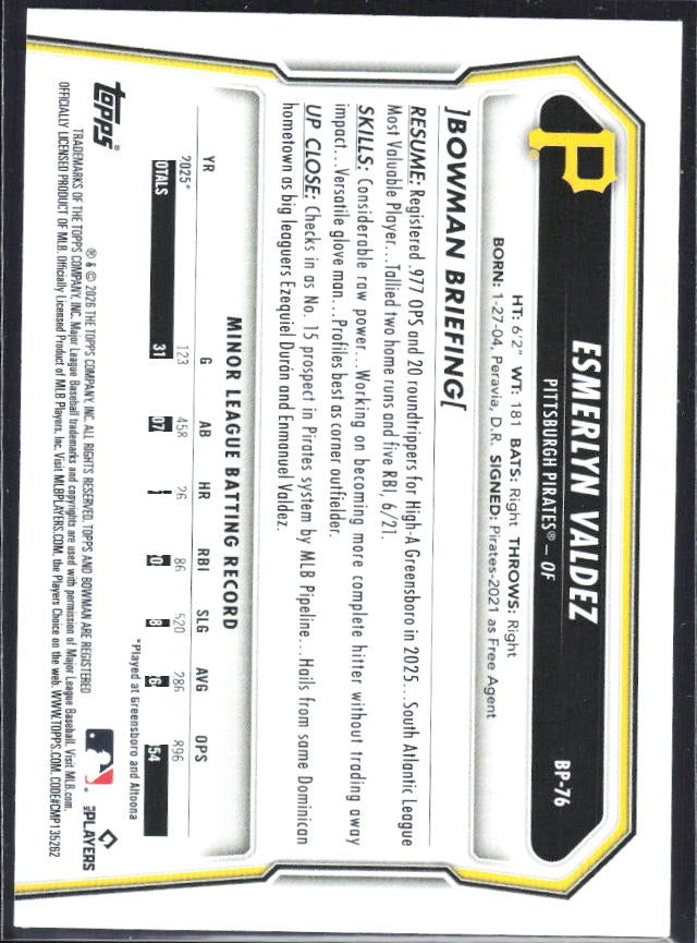 Esmerlyn Valdez 2026 Bowman Prospects #BP-76 – baksida