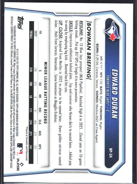 Edward Duran 2026 Bowman Prospects #BP-24 – baksida