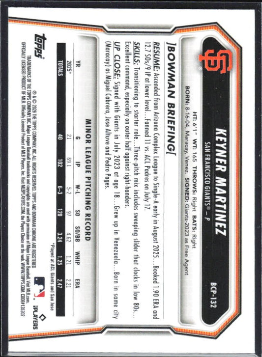 Keyner Martinez 2026 Bowman Chrome Prospects #BCP-132 – baksida