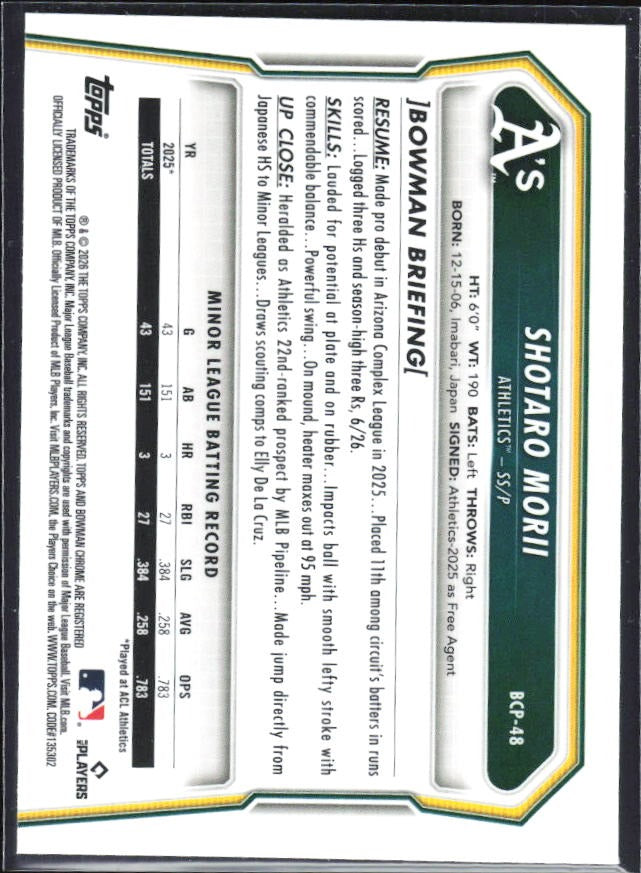 Shotaro Morii 2026 Bowman Chrome Prospects #BCP-48 – baksida