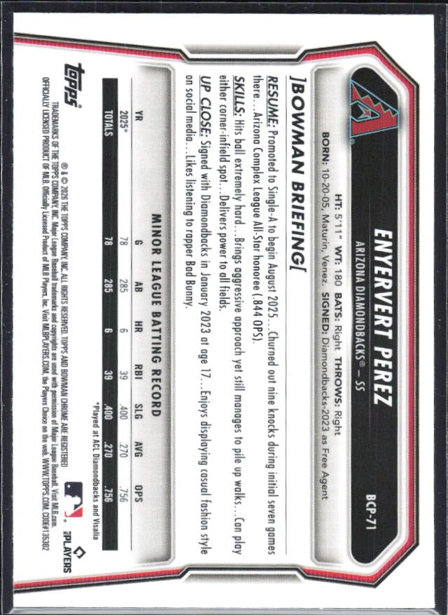 Enyervert Perez 2026 Bowman Chrome Prospects #BCP-71 – baksida