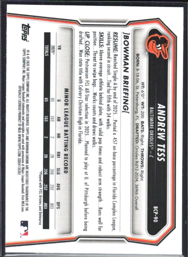 Andrew Tess 2026 Bowman Chrome Prospects #BCP-90 – baksida