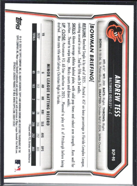 Andrew Tess 2026 Bowman Chrome Prospects #BCP-90 – baksida