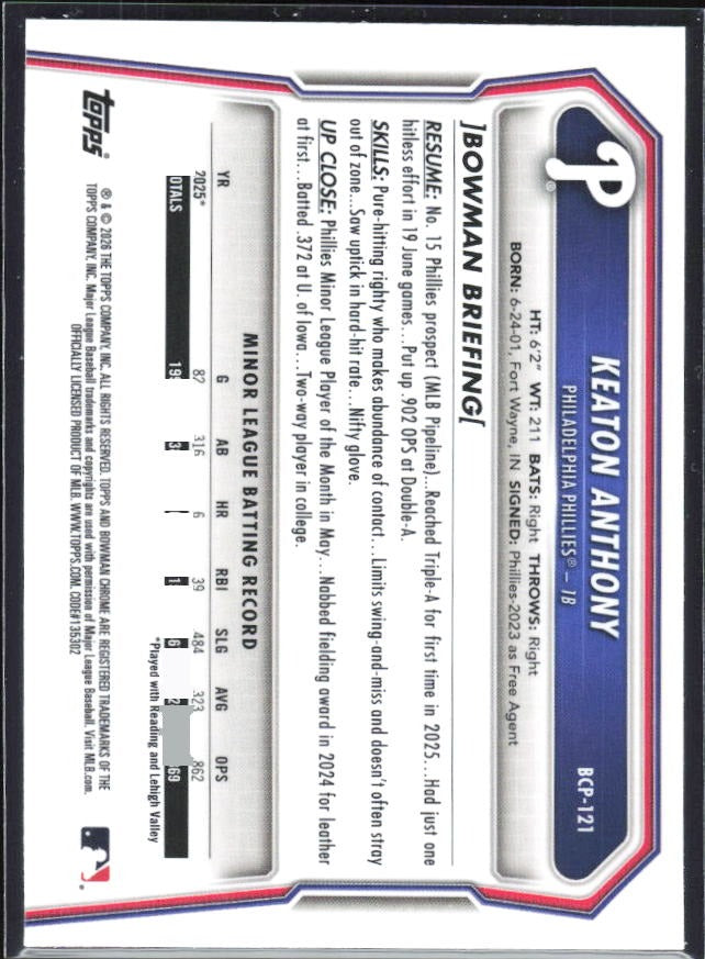 Keaton Anthony 2026 Bowman Chrome Prospects #BCP-121 – baksida