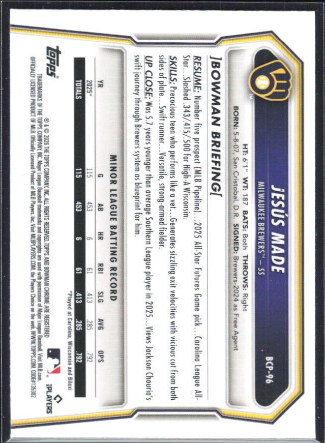 Jesús Made 2026 Bowman Chrome Prospects #BCP-96 – baksida