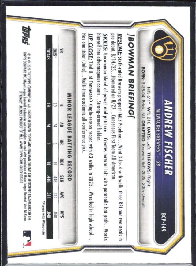 Andrew Fischer 2026 Bowman Chrome Prospects #BCP-149 – baksida