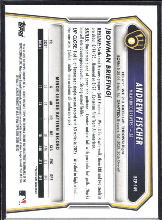 Andrew Fischer 2026 Bowman Chrome Prospects #BCP-149 – baksida