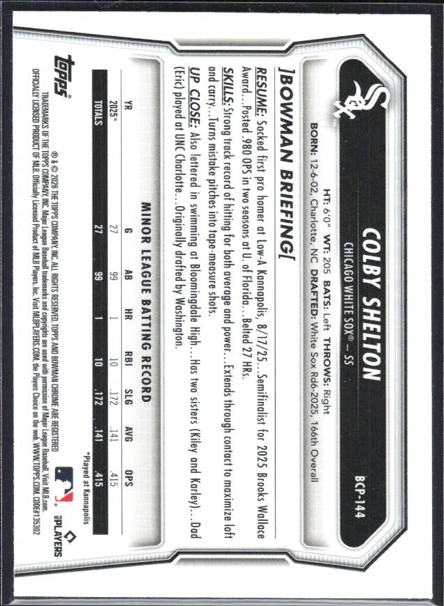 Colby Shelton 2026 Bowman Chrome Prospects #BCP-144 – baksida