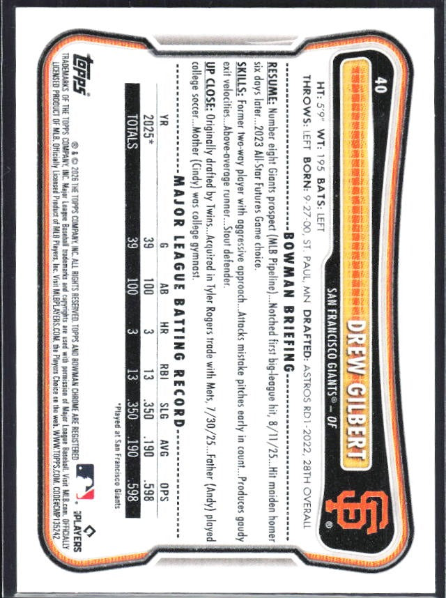 Drew Gilbert 2026 Bowman #40 – baksida