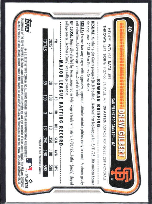 Drew Gilbert 2026 Bowman #40 – baksida