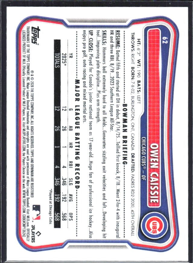 Owen Caissie 2026 Bowman #62 – baksida