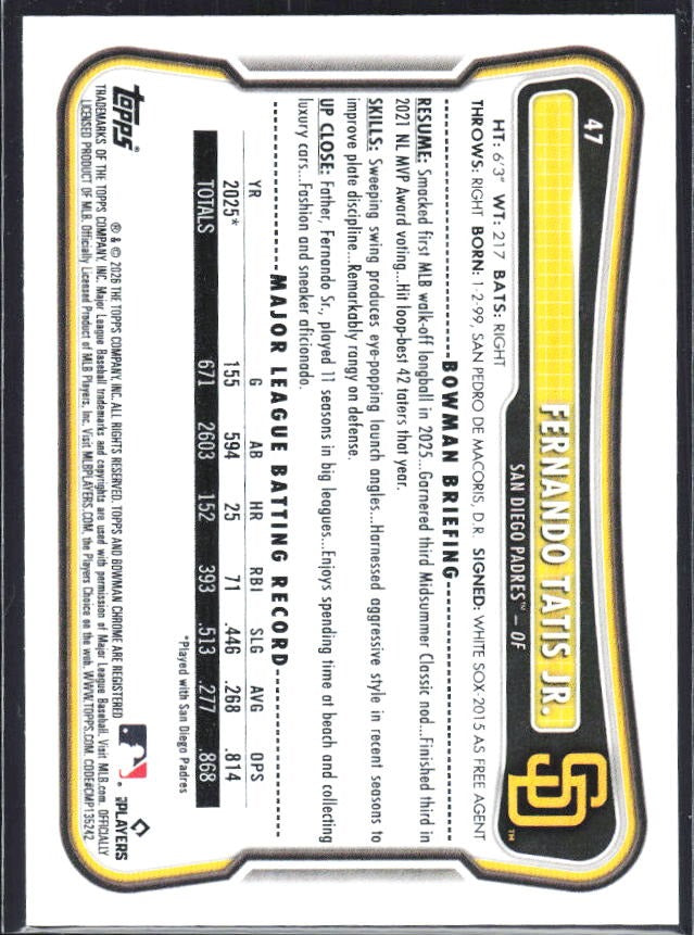 Fernando Tatis Jr. 2026 Bowman #47 – baksida