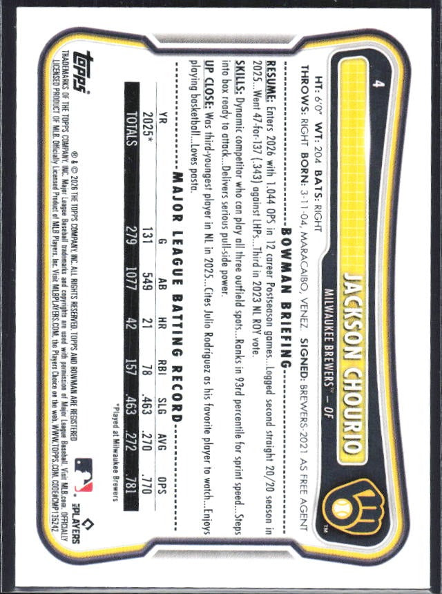 Jackson Chourio 2026 Bowman #4 – baksida