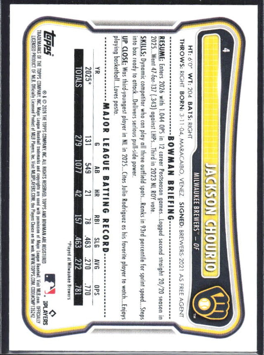 Jackson Chourio 2026 Bowman #4 – baksida