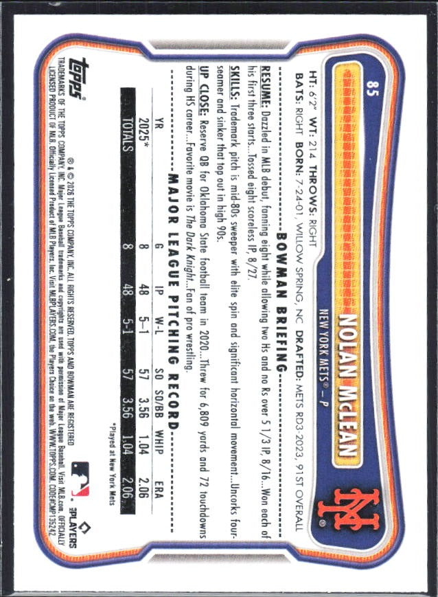 Nolan McLean 2026 Bowman #85 – baksida